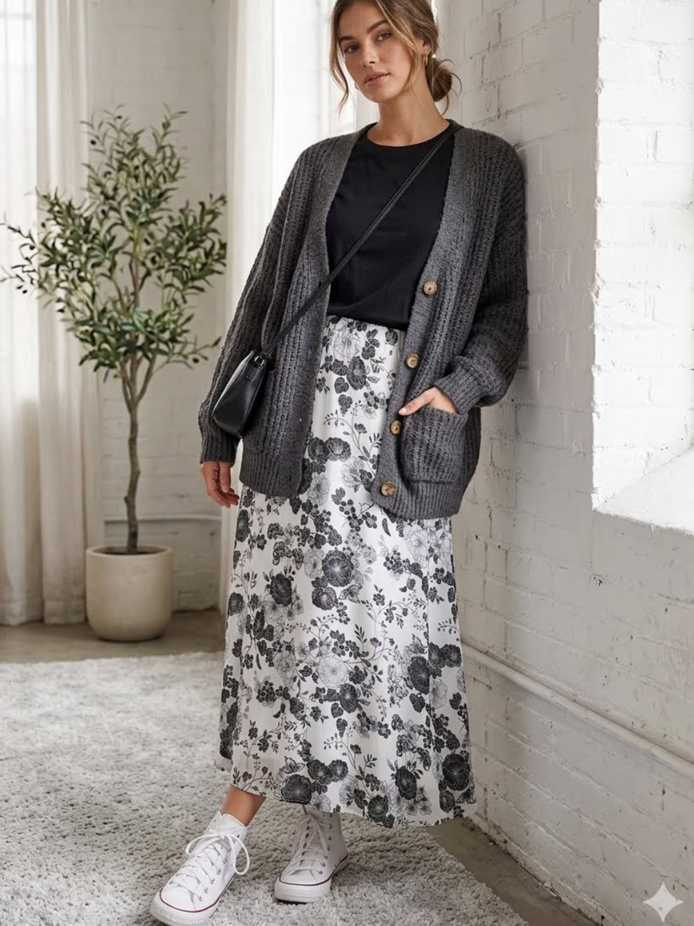 Y2K Cleo Floral Maxi Skirt Black and White Lined Small Made in Canada